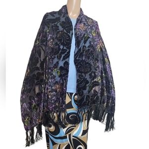 J & X NY Purple Floral Silk Velvet Burnout Shawl Wrap Scarf